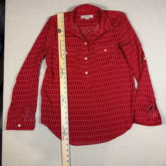 LOFT Red Geometric Print Utility Blouse Mod Inspired Long Sleeve Size S - Picture 3 of 7